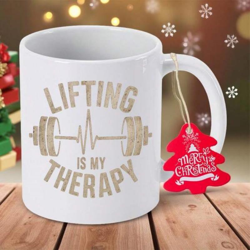 Tailorly White Ceramic 11 oz Mug - Lifting Is My Therapy Strength And Fitness Themed Graphic With Heartbeat Symbol Barbell