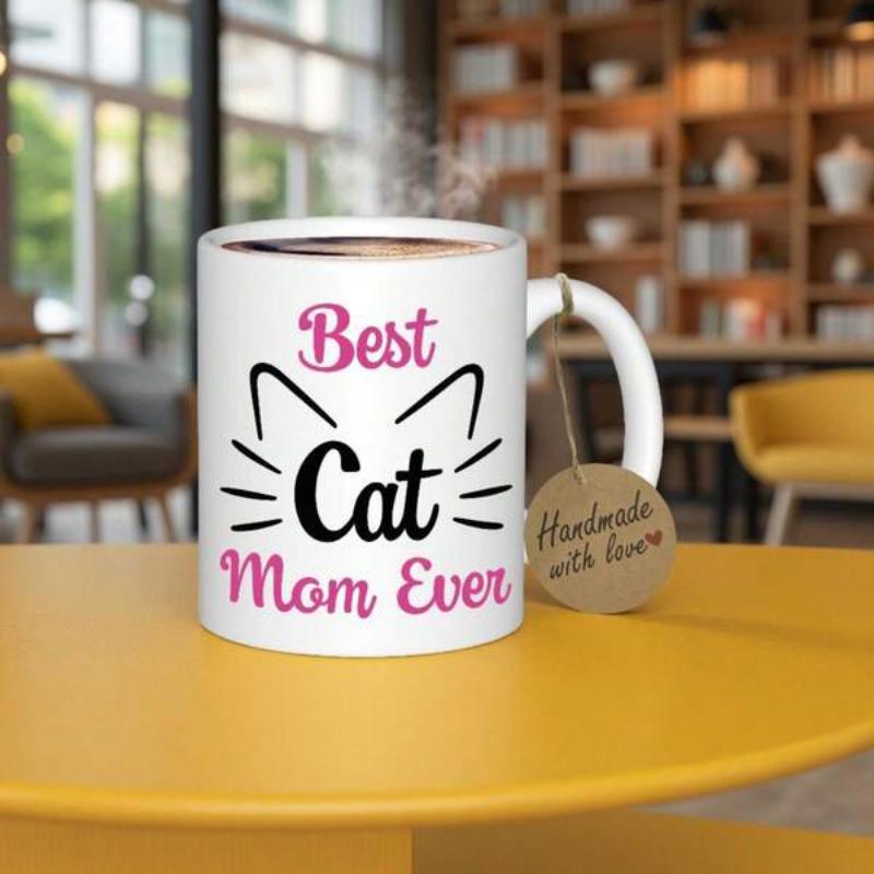 Tailorly White Ceramic 11 oz Mug - Best Cat Mom Ever Minimalist Line Drawing Featuring Cute Ears And Whiskers Cat