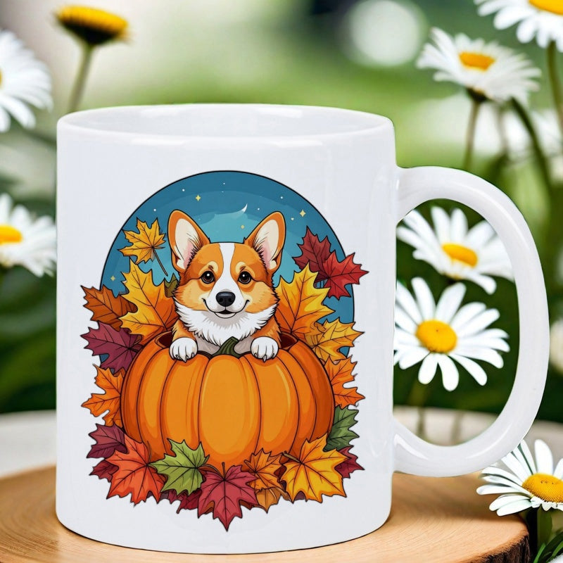 Tailorly White Ceramic 11 oz Mug - Adorable Cartoon Dog Peeking From An Orange Pumpkin Among Autumn Leaves Corgi