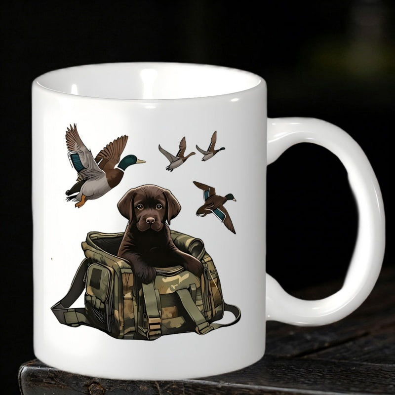 Tailorly White Ceramic 11 oz Mug - Flying Mallard Ducks With Chocolate Puppy Sitting In Camouflage Hunting Bag Labrador