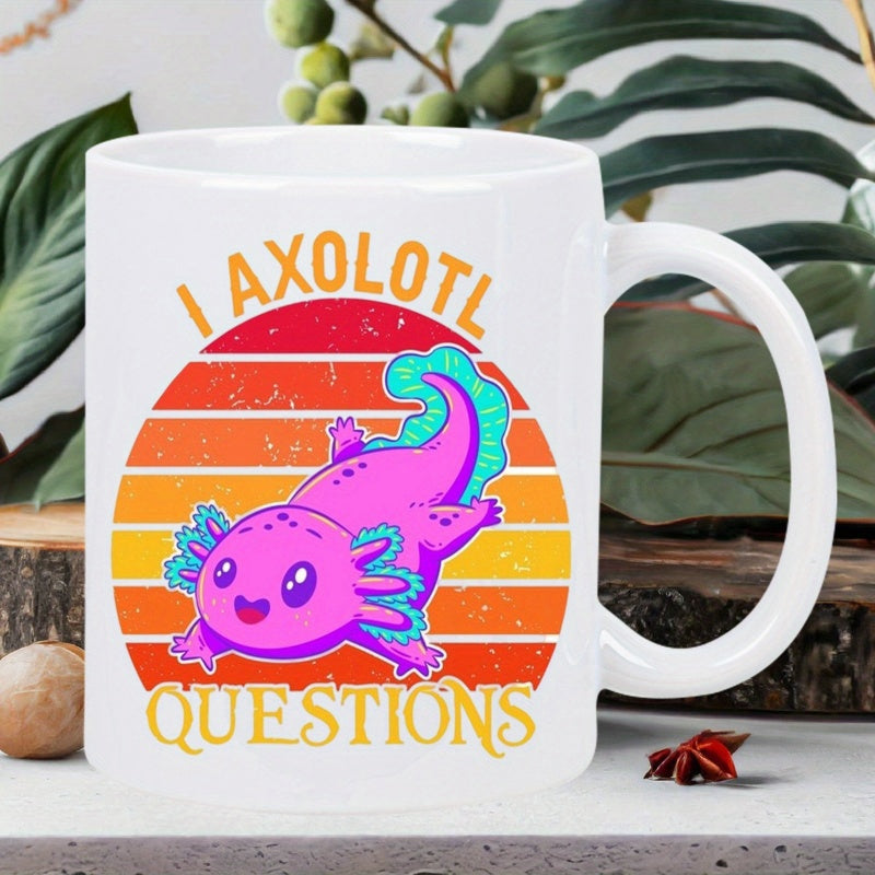 Tailorly White Ceramic 11 oz Mug - I Axolotl Questions Smiling Pink Cartoon Amphibian Swimming Across A Vintage Retro Striped Sunset Axolotl