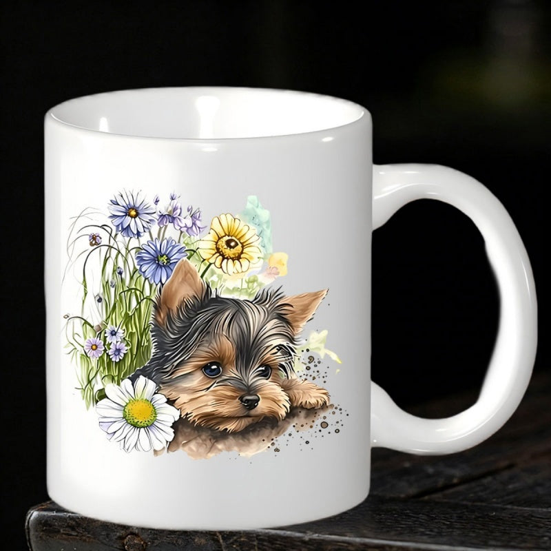 Tailorly White Ceramic 11 oz Mug - Adorable Watercolor Puppy Peeking Through Vibrant Blooming Wildflowers And White Daisy Yorkshire Terrier
