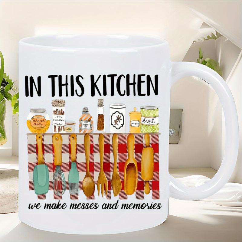 Tailorly White Ceramic 11 oz Mug - In This Kitchen We Make Messes And Memories Watercolor Kitchen Tools Arranged Over Red Gingham Patterned Rustic Wooden Spoons