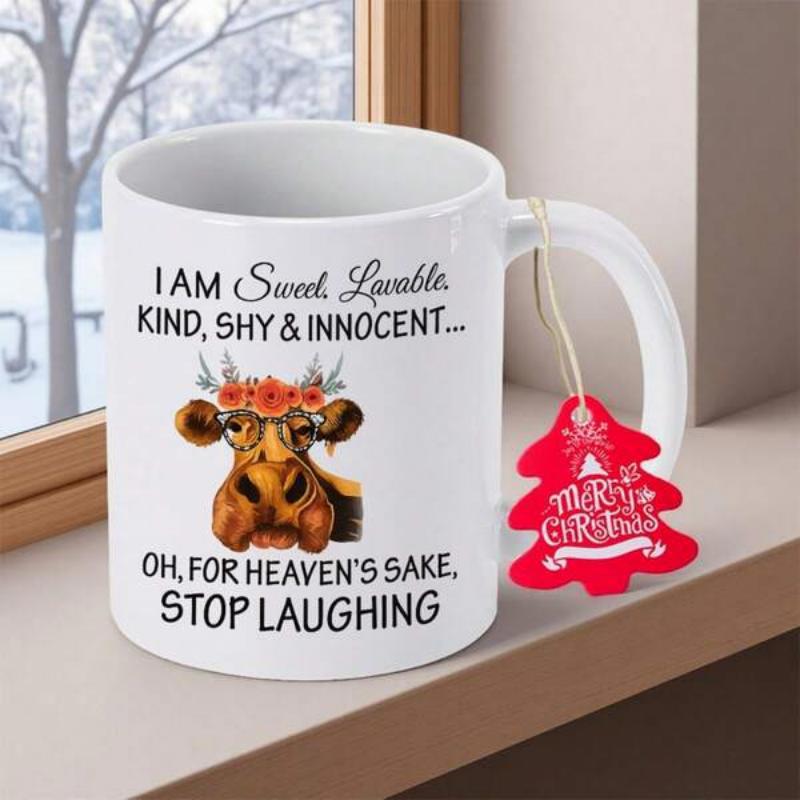 Tailorly White Ceramic 11 oz Mug - I Am Sweet Lovable Kind Shy Innocent Oh For Heavens Sake Stop Laughing Artistic Highland Cow Wearing Red Floral Wreath And Black