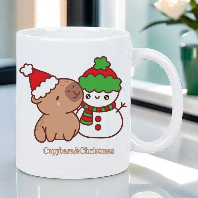 Tailorly White Ceramic 11 oz Mug - Capybara Christmas Adorable Cartoon Animal Wearing Red Santa Hat Beside Festive Snowman Capybara