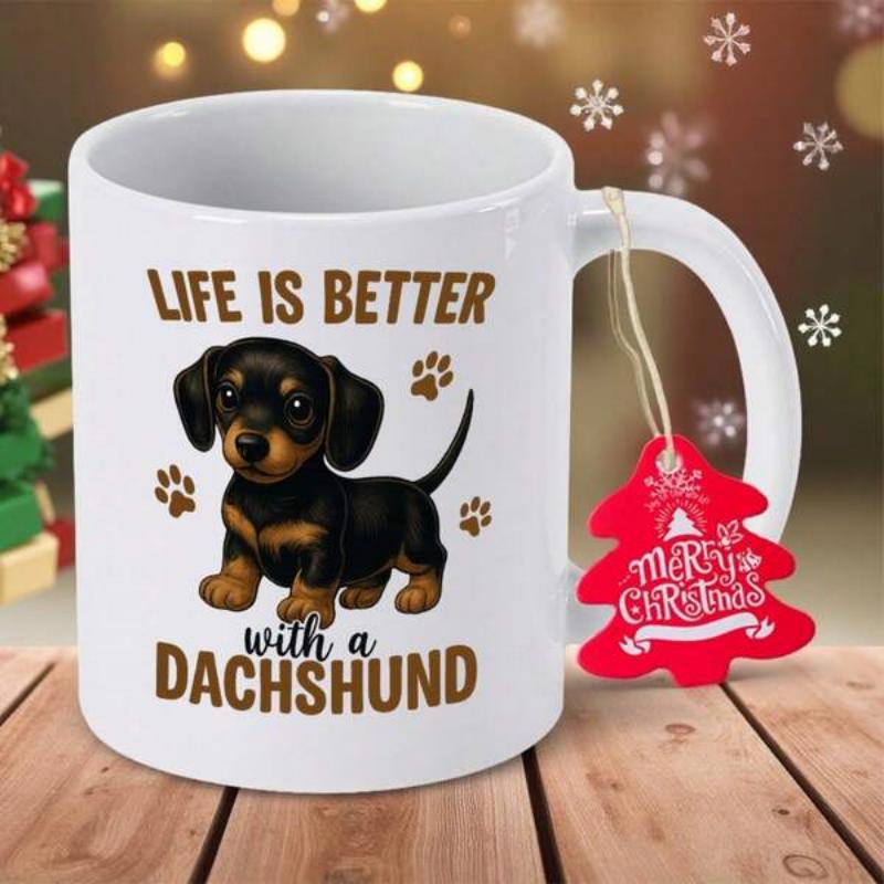 Tailorly White Ceramic 11 oz Mug - Life Is Better With A Dachshund Adorable Black And Tan Puppy Surrounded By Small Golden Brown Paw Prints Dachshund