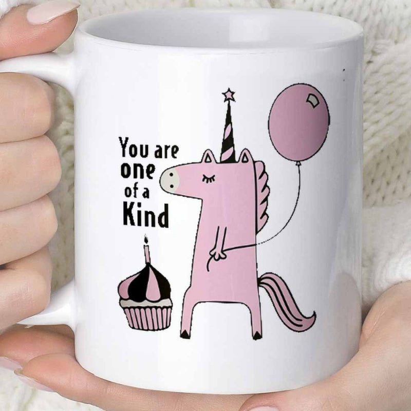 Tailorly White Ceramic 11 oz Mug - You Are One Of A Kind Whimsical Pink Party Hat Creature With Balloon And Sweet Cupcake Unicorn