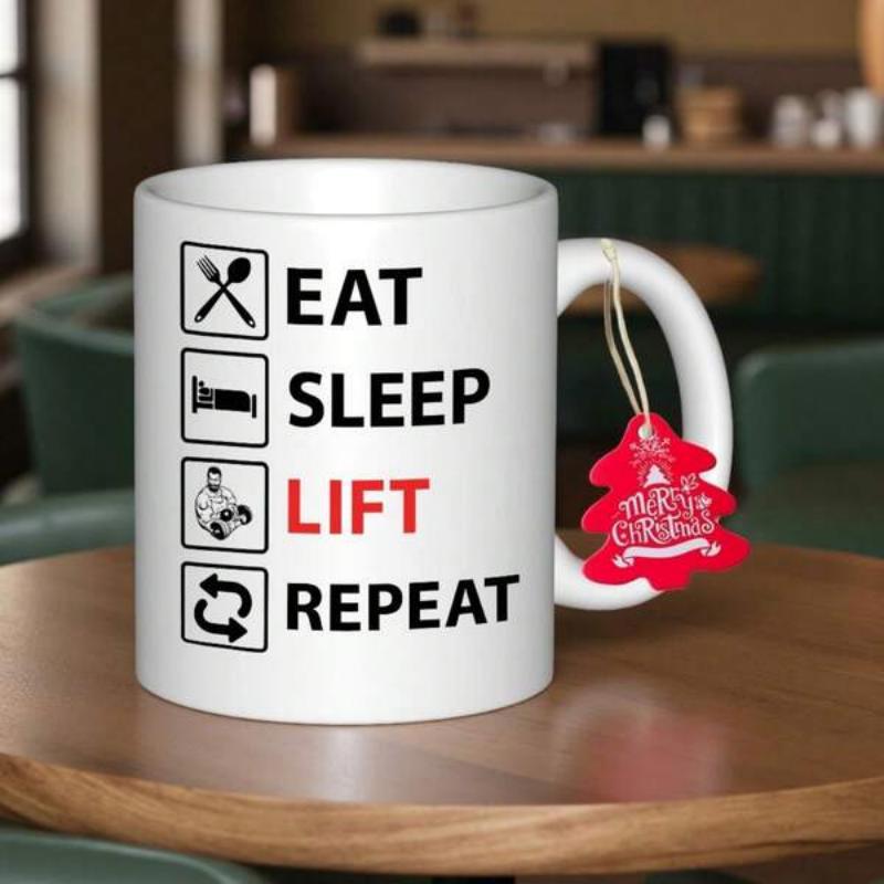 Tailorly White Ceramic 11 oz Mug - Eat Sleep Lift Repeat Minimalist Black Icons Arranged Vertically On Smooth