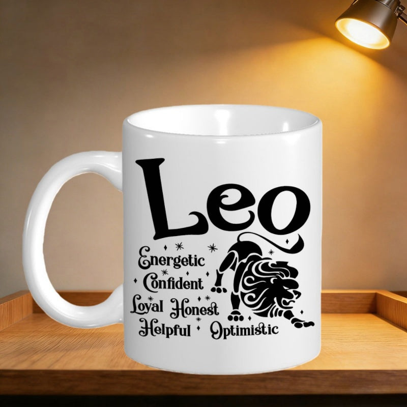 Tailorly White Ceramic 11 oz Mug - Leo Energetic Confident Loyal Honest Helpful Optimistic Proud Black Zodiac Silhouette Standing Among Tiny Sparkling Magic Stars