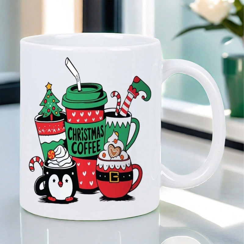 Tailorly White Ceramic 11 oz Mug - Christmas Coffee Festive Illustration Of Holiday Beverage Cups With Penguin And Santa Elements Mug