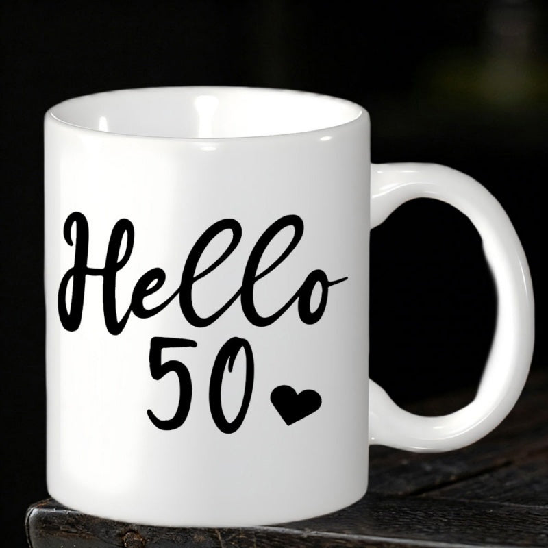 Tailorly White Ceramic 11 oz Mug - Hello 50 Simple Minimalist Black Script Typography With A Small Heart Symbol On Ceramic Mug