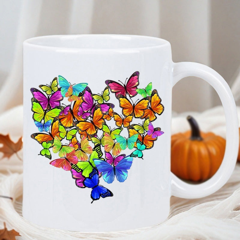 Tailorly White Ceramic 11 oz Mug - Vibrant Colorful Insects Fluttering Together In A Graceful Heart Shape Butterfly