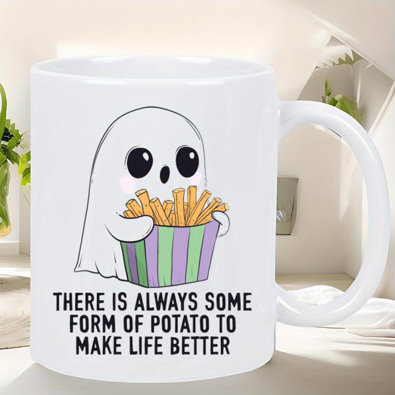 Tailorly White Ceramic 11 oz Mug - There Is Always Some Form Of Potato To Make Life Better Cute Minimalist Cartoon Ghost Holding A Box Of Golden Fries Ghost