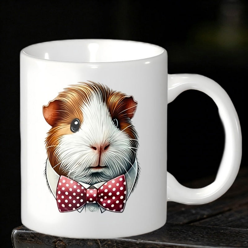 Tailorly White Ceramic 11 oz Mug - Cute Brown And White Furry Animal Wearing Dotted Red Bow Tie Guinea Pig