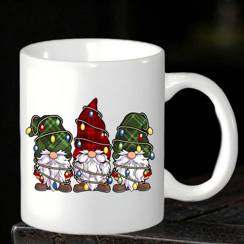 Tailorly White Ceramic 11 oz Mug - Three Festive Holiday Gnomes Wearing Plaid Hats Wrapped In Twinkling Lights Gnome