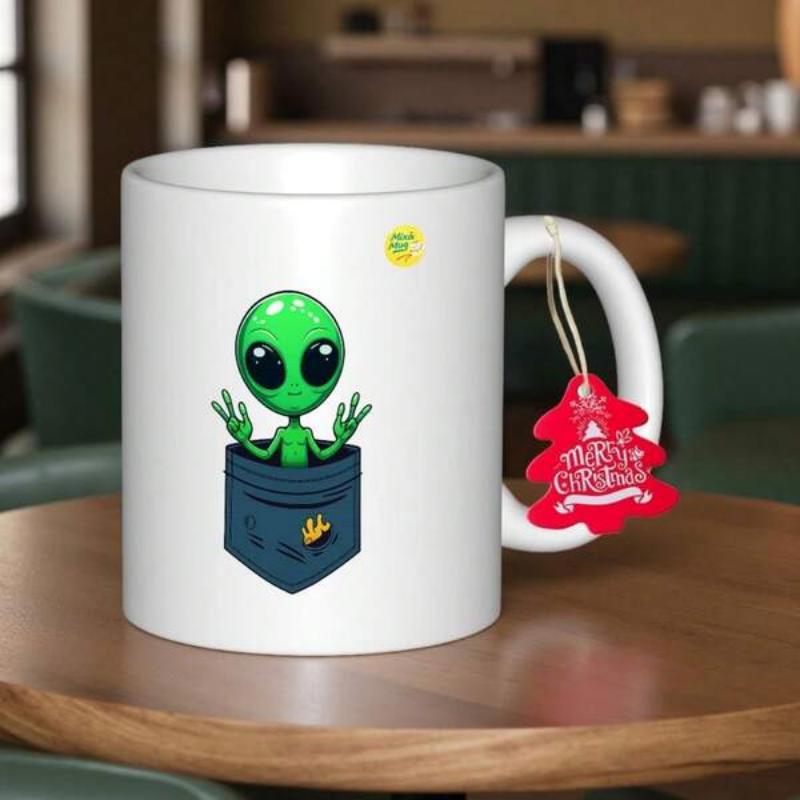 Tailorly White Ceramic 11 oz Mug - Merry Christmas Cute Green Extraterrestrial Peeking Out From A Dark Blue Denim Pocket Alien
