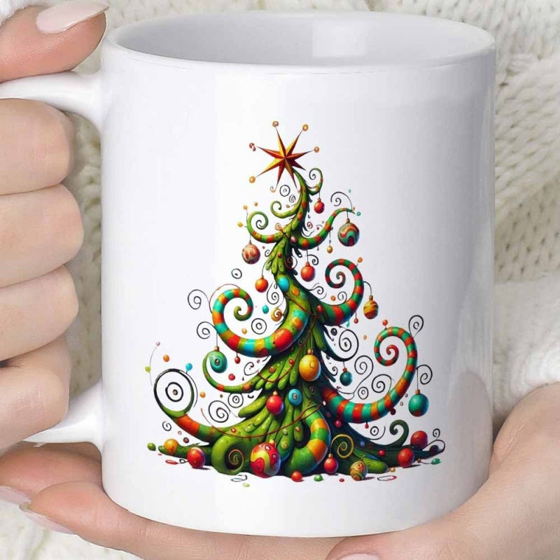 Tailorly White Ceramic 11 oz Mug - Colorful Whimsical Spiral Branches Decorated With Ornaments And Glowing Topper Christmas Tree