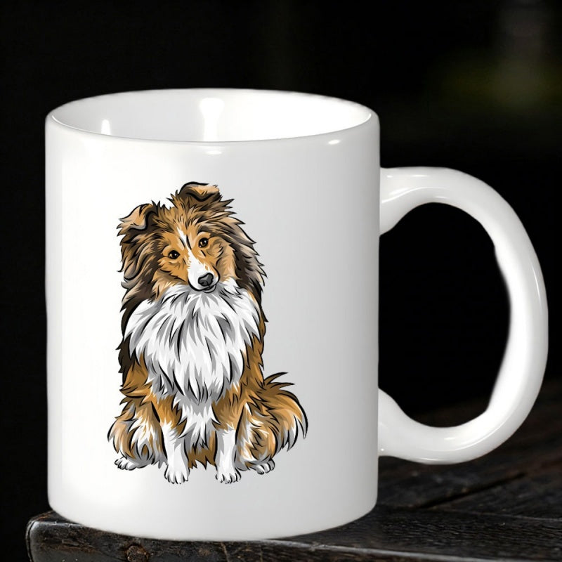 Tailorly White Ceramic 11 oz Mug - Artistic Hand Drawn Shetland Sheepdog Sitting Gracefully On White Background Sheltie