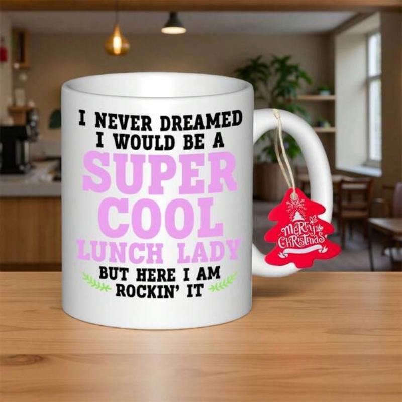 Tailorly White Ceramic 11 oz Mug - I Never Dreamed I Would Be A Super Cool Lunch Lady But Here I Am Rockin It Bold Typography Featuring Pink Accents And Elegant