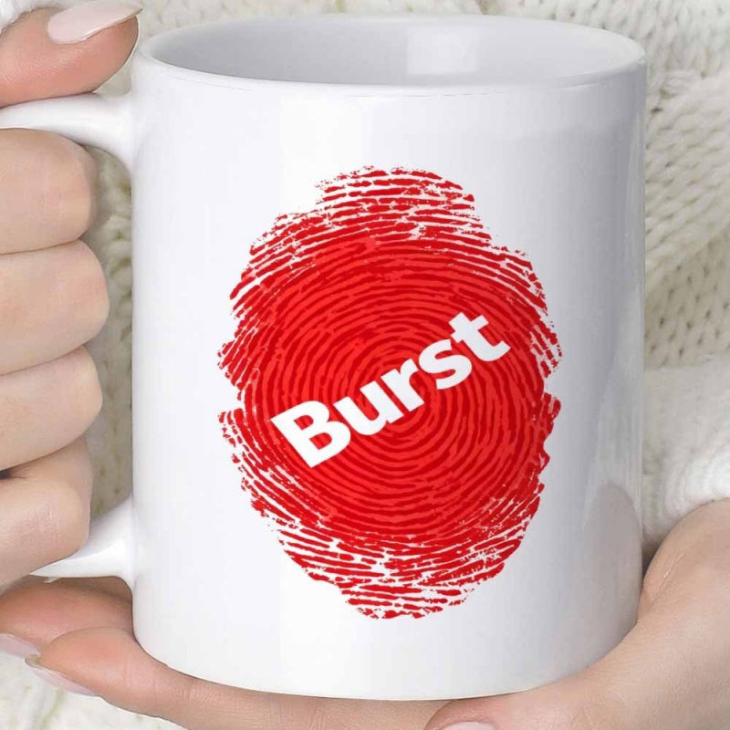 Tailorly White Ceramic 11 oz Mug - Burst Vibrant Red Circular Fingerprint Texture Pattern With White Bold Script Mug