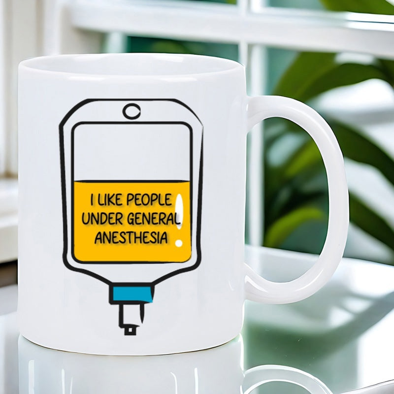 Tailorly White Ceramic 11 oz Mug - I Like People Under General Anesthesia Minimalist Medical Illustration Featuring A Vibrant Yellow Liquid IV Bag