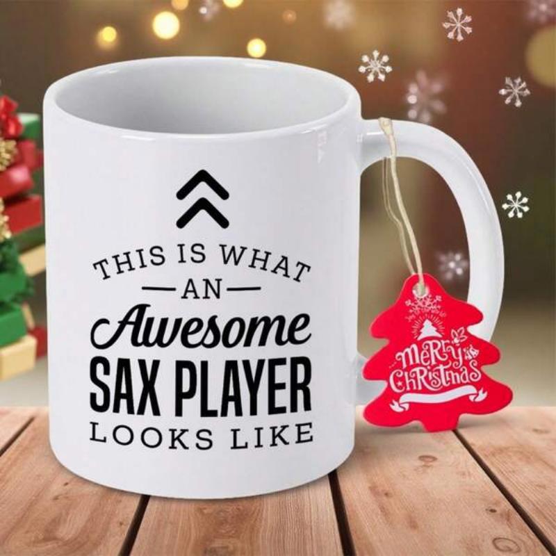 Tailorly White Ceramic 11 oz Mug - This Is What An Awesome Sax Player Looks Like Elegant Typography Featuring Double Upward Chevrons For Musician Mug