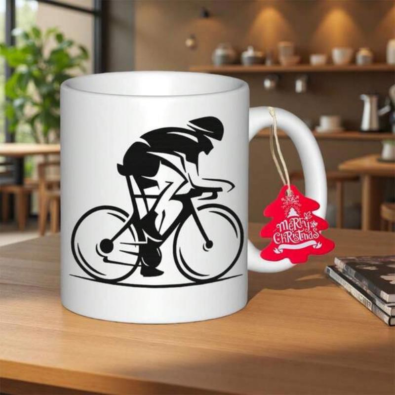 Tailorly White Ceramic 11 oz Mug - Professional Athlete Riding Aerodynamic Carbon Frame Racing Bicycle Silhouette Cyclist