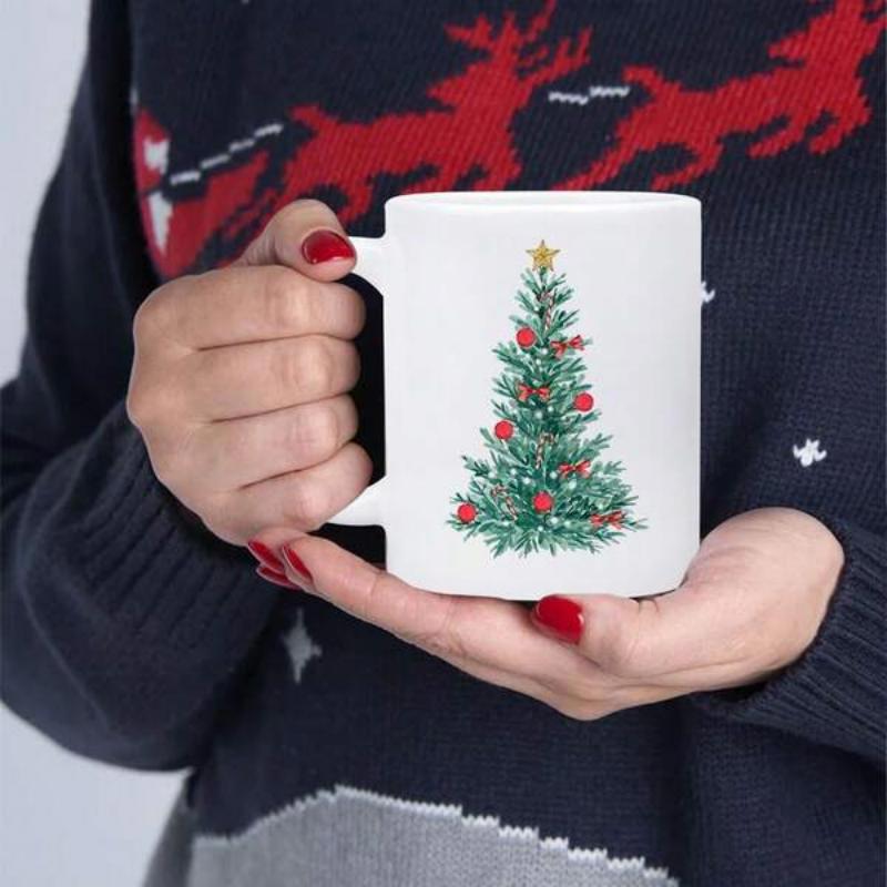 Tailorly White Ceramic 11 oz Mug - Festive Evergreen Adorned With Red Baubles Under A Shining Star Tree