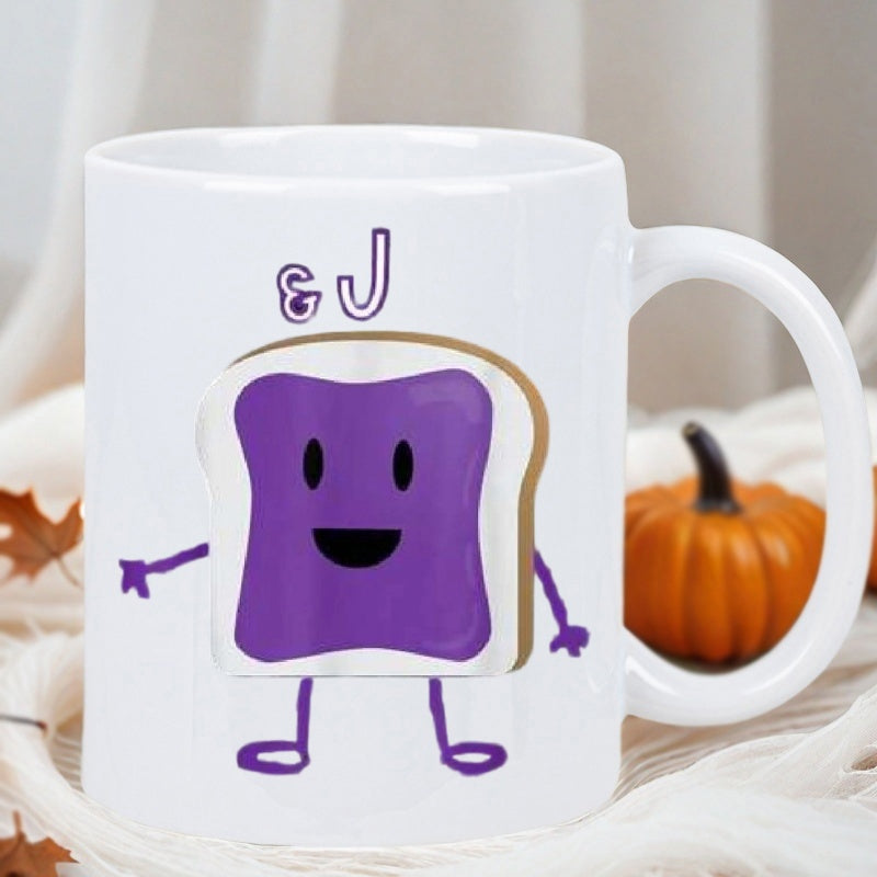 Tailorly White Ceramic 11 oz Mug - J Smiling Purple Grape Jelly Slice Character With Tiny Purple Arms Legs Toast