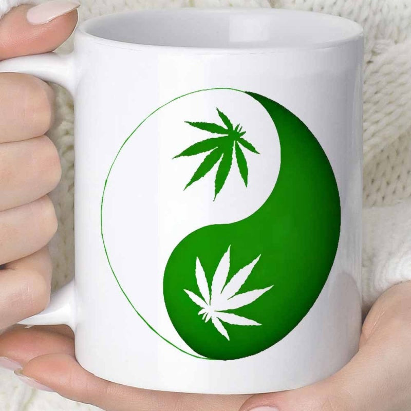 Tailorly White Ceramic 11 oz Mug - Symbolic Green And White Harmonious Balance With Botanical Cannabis Leaf Pattern Yin Yang