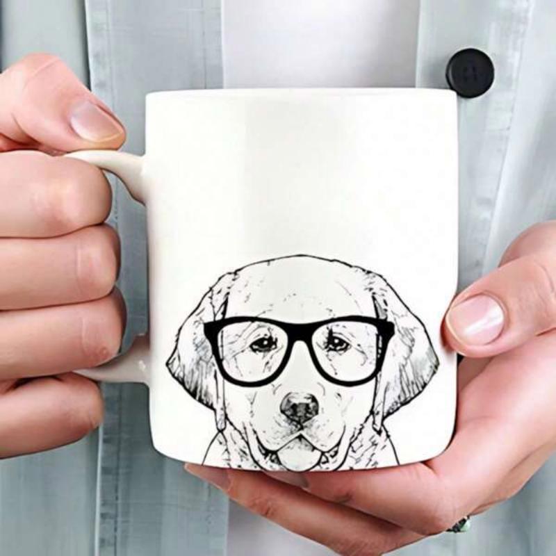 Tailorly White Ceramic 11 oz Mug - Hand Drawn Line Art Of A Gentle Retriever Wearing Nerd Glasses Dog