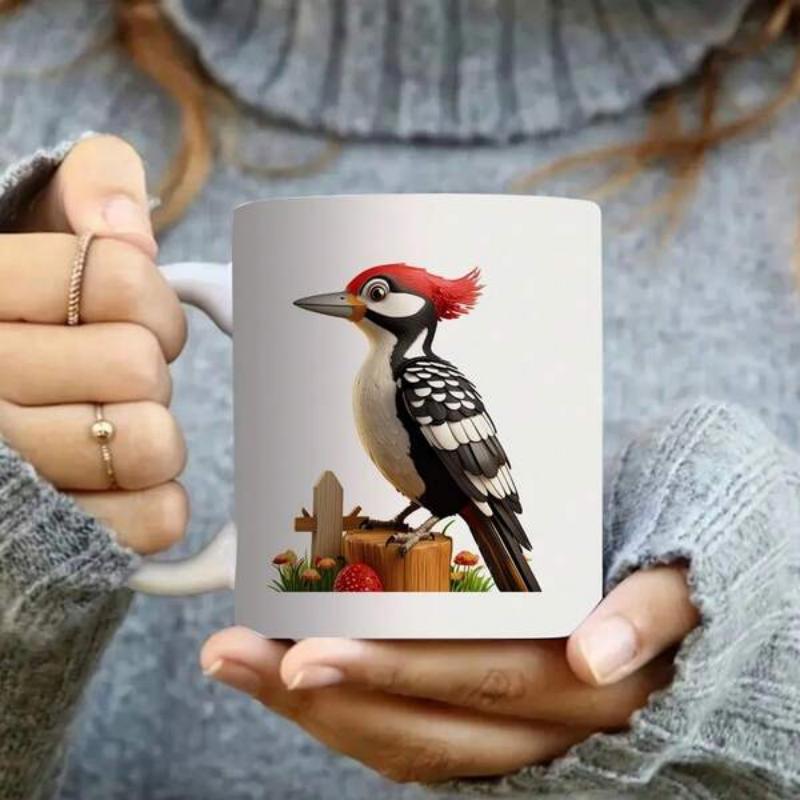 Tailorly White Ceramic 11 oz Mug - Detailed Red Crested Bird Perching On A Rustic Wooden Post Among Leaves Woodpecker