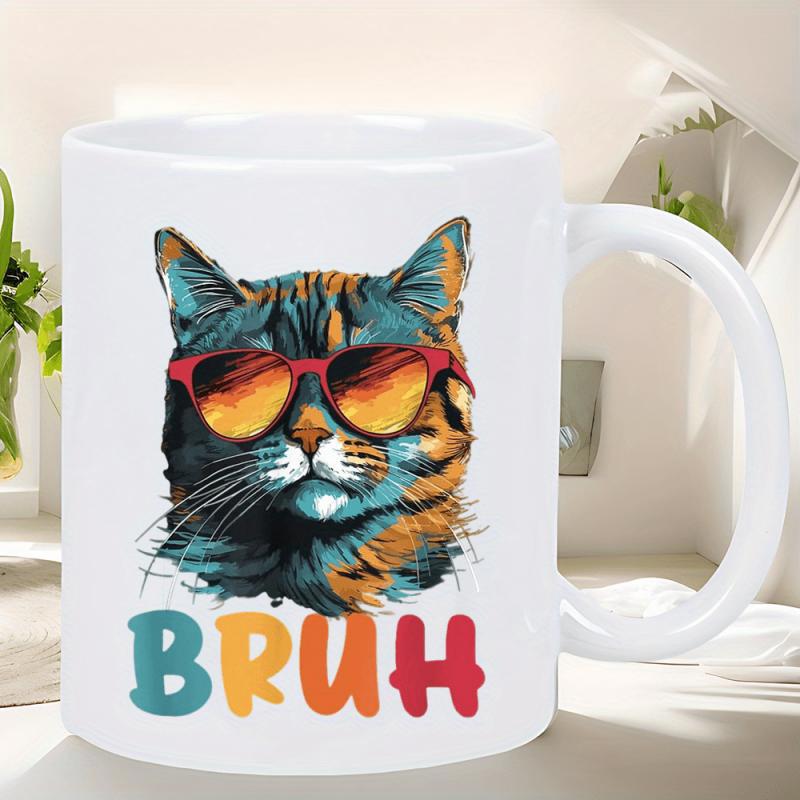 Tailorly White Ceramic 11 oz Mug - Bruh Colorful Retro Style Cool Cat Wearing Vibrant Sunglasses Cat