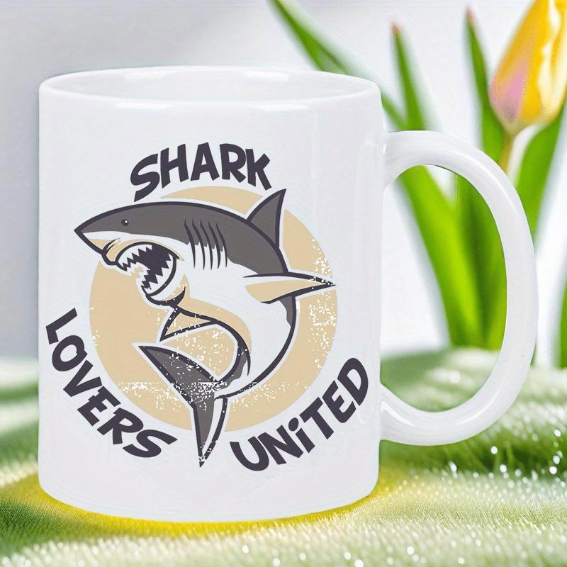 Tailorly White Ceramic 11 oz Mug - Shark Lovers United Fierce Great White Predator Jumping Through A Vintage Textured Circular Sun Shark