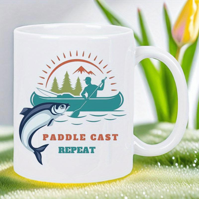 Tailorly White Ceramic 11 oz Mug - Paddle Cast Repeat Rowing A Canoe With Jumping Fish In Front Of Pine Trees Fisherman