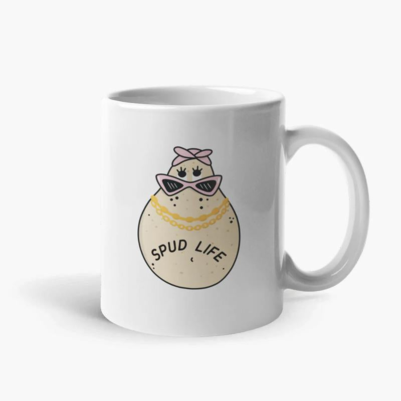 Tailorly White Ceramic 11 oz Mug - Spud Life Funny Cartoon Character Wearing Sunglasses With A Golden Chain Potato