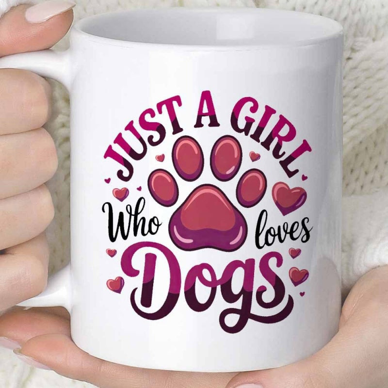 Tailorly White Ceramic 11 oz Mug - Just A Girl Who Loves Dogs Vibrant Pink Paw Print Among Small Floating Decorative Hearts Paw