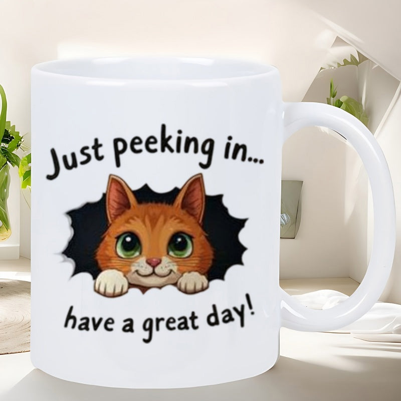 Tailorly White Ceramic 11 oz Mug - Just Peeking In Have A Great Day Cute Ginger Tabby Peeking Out From A Dark Jagged Hole Cat
