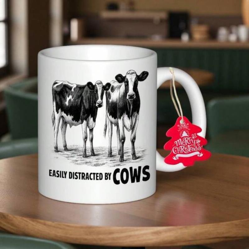 Tailorly White Ceramic 11 oz Mug - Easily Distracted By Cows Two Realistic Black And White Farm Animals Standing Together On Grass Cow