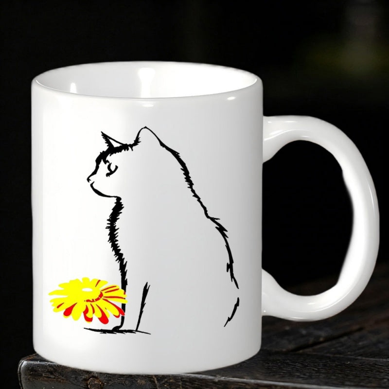 Tailorly White Ceramic 11 oz Mug - Minimalist Sketch Of A Sitting Feline Beside A Vibrant Yellow Sunlit Flower Cat