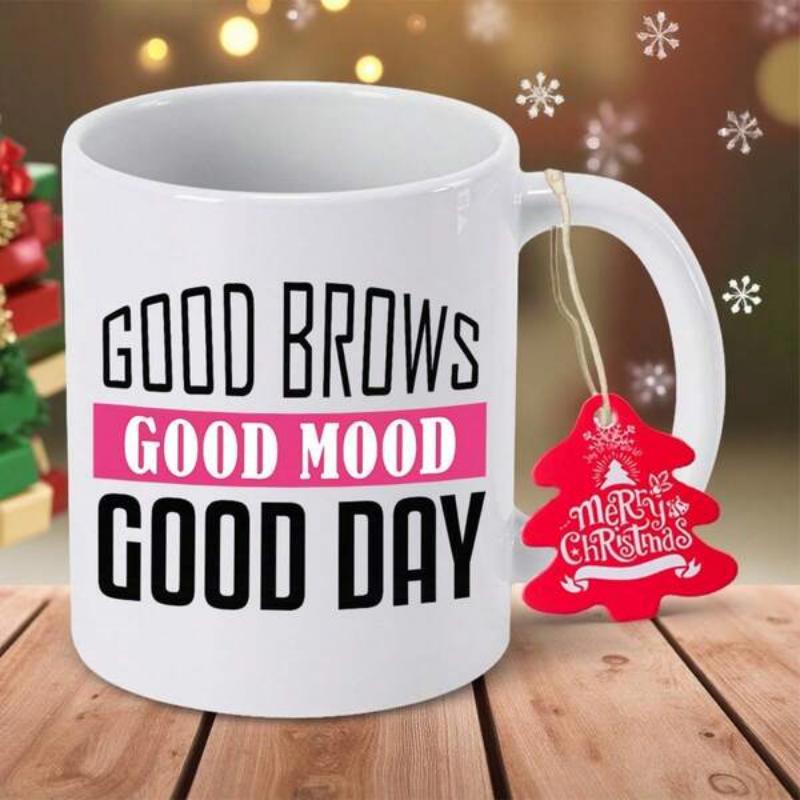 Tailorly White Ceramic 11 oz Mug - Good Brows Good Mood Good Day Simple White Ceramic Vessel Featuring Bold Black And Pink Typography Quote Mug