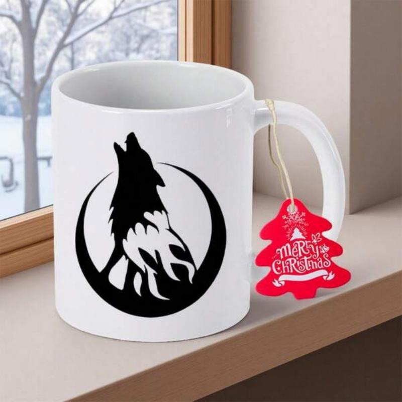 Tailorly White Ceramic 11 oz Mug - Howling Silhouette Among Midnight Moon In Stylized Tribal Flame Artistic Wolf