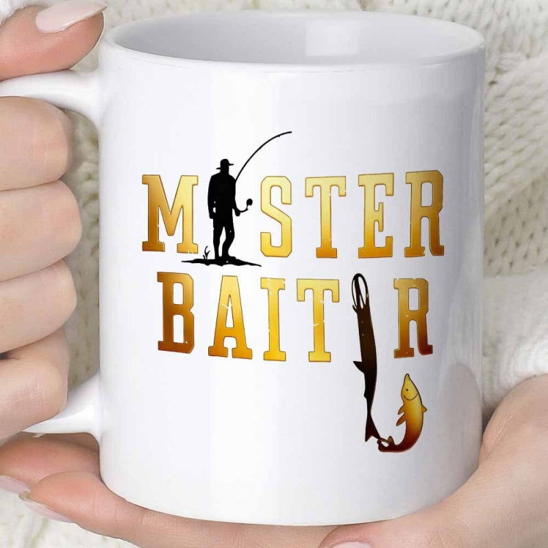Tailorly White Ceramic 11 oz Mug - Master Baiter Silhouette Of A Fisherman Casting Rod Amidst Golden Bold Letters Fisherman