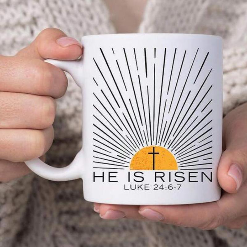 Tailorly White Ceramic 11 oz Mug - He Is Risen Luke 24 6 7 Minimalist Radiant Beams Emerging From A Golden Horizon With A Small Cross
