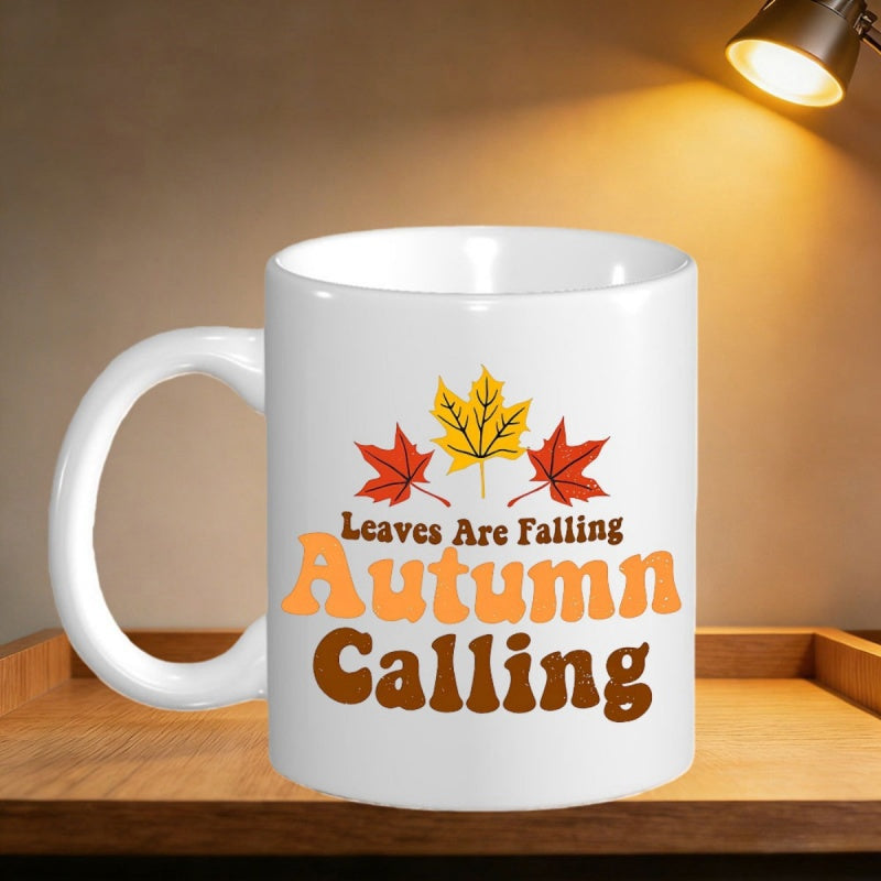 Tailorly White Ceramic 11 oz Mug - Leaves Are Falling Autumn Calling Vibrant Red And Yellow Foliage Among Serene Seasonal Fall Trees Maple Leaf