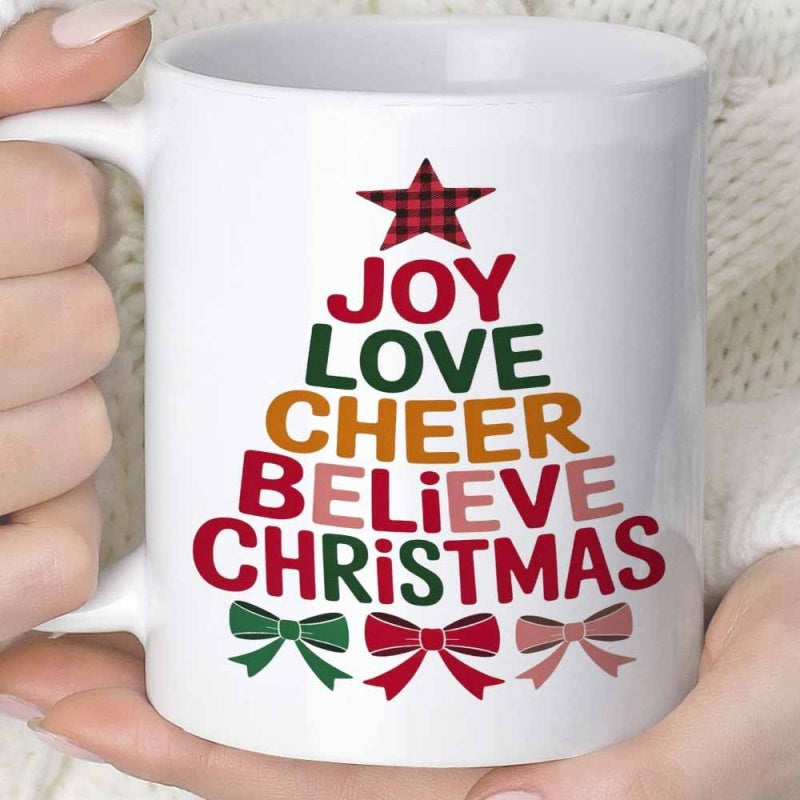 Tailorly White Ceramic 11 oz Mug - Joy Love Cheer Believe Christmas Festive Plaid Star With Decorative Colorful Bows Holiday Tree