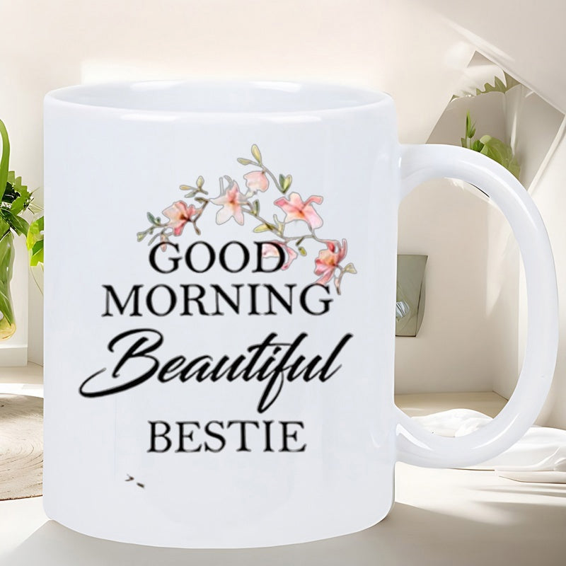 Tailorly White Ceramic 11 oz Mug - Good Morning Beautiful Bestie Elegant Pink Floral Branch With Delicate Leaves Under Soft Morning Light Flower