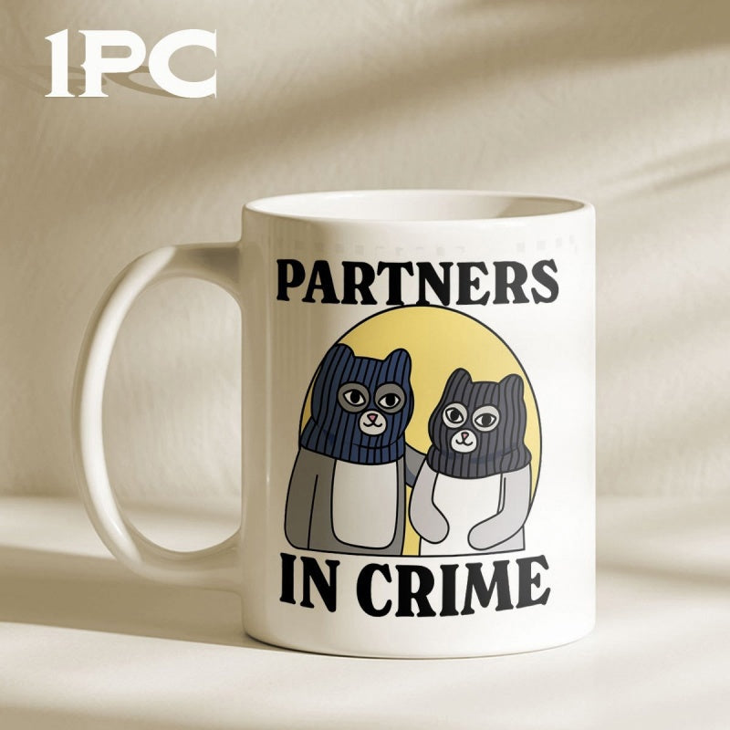 Tailorly White Ceramic 11 oz Mug - Partners In Crime Two Cute Cartoon Kitties Wearing Black Masks Against Yellow Background Cat