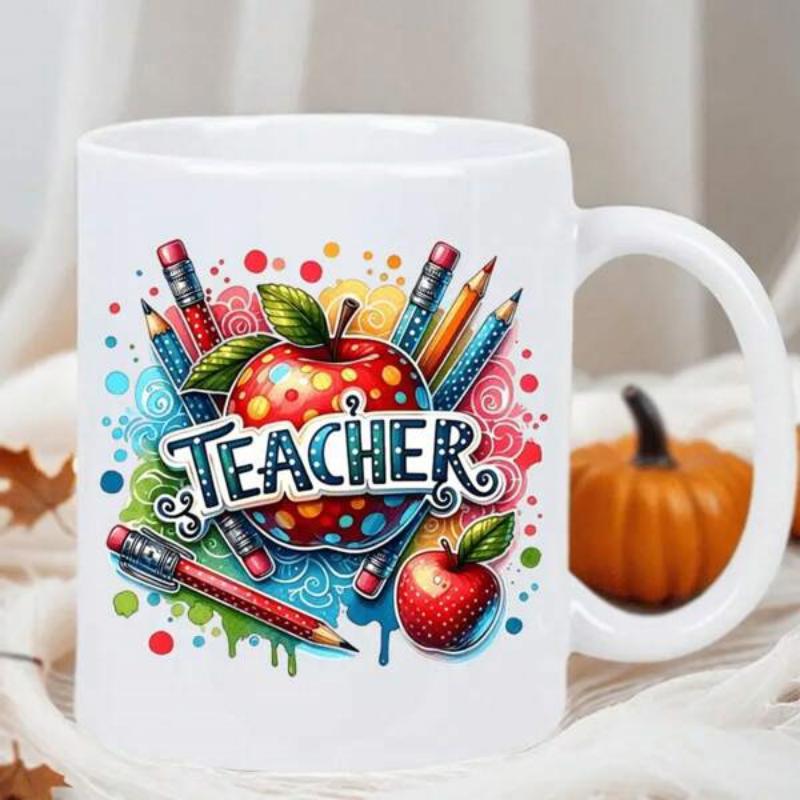 Tailorly White Ceramic 11 oz Mug - Teacher Vibrant Colorful Pencils And Paint Splashes Around A Polished Red Apple