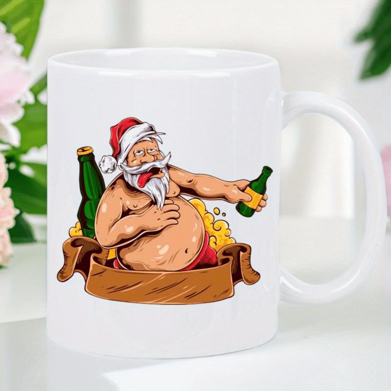 Tailorly White Ceramic 11 oz Mug - Jolly Shirtless Character Holding Beer Bottles Relaxing With Festive Foam Banner Santa Claus